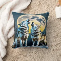 Wolves Howling Under Full Moonlight in Winter Throw Pillow