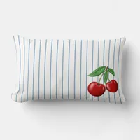 Red Cherries on Blue Stripes Pattern Lumbar Pillow