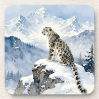 A Snow Leopard on Snowy Peak Beverage Coaster