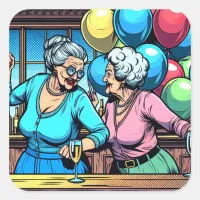 Two Sweet Elderly Ladies at a Bar Dancing Birthday Square Sticker