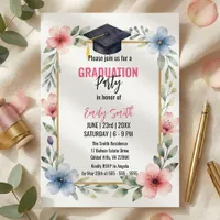 Elegant Watercolor Floral Pink Blue Graduation Invitation