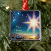 Christmas star, charming winter landscape at night metal ornament