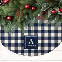 Navy Blue And White Gingham Plaid Monogram Brushed Polyester Tree Skirt