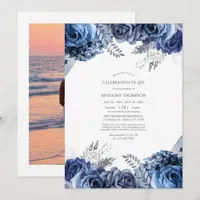 Navy and Silver Floral Celebration of Life Invitat Invitation