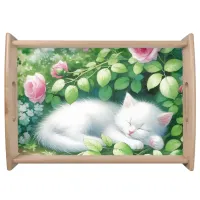 Sweet White Kitten Napping under a Rose Bush Serving Tray