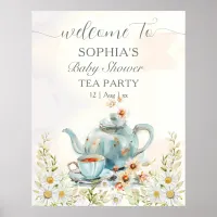 Tea Party Watercolor Teapot Boy Baby Shower Poster