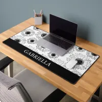 Black and White Scattered Sunflowers Desk Mat