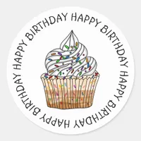 Happy Birthday Cartoon Vanilla Cupcake Classic Round Sticker