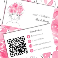 QR code cute girl pink watercolor roses floral Business Card