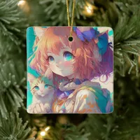 Anime Girl Holding an Adorable Kitten Ceramic Ornament