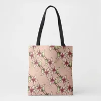 Pink Poinsettia Diagonal Striped Christmas Tote Bag