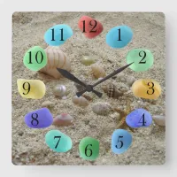 Seashells on Beach Sand with Sea Glass Square Wall Clock