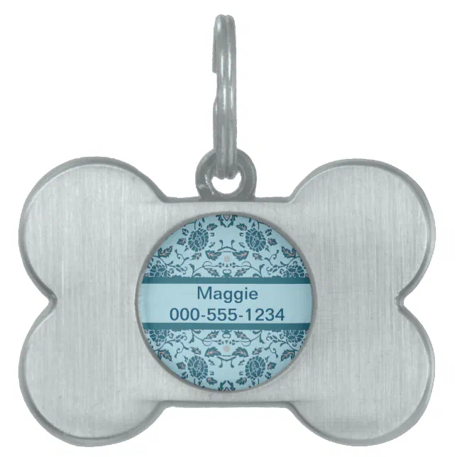 Elegant Flowery Teal Damask Pet Tag