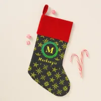 Monogram Wreath Your Name Black Yellow Snowflakes Christmas Stocking