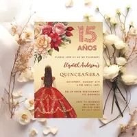 Quinceanera red gold dress florals roses invitation