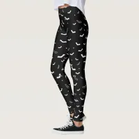 Halloween Black and White Flying Bats Pattern Leggings