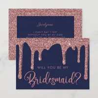 Navy Blue Rose Gold Glitter Drips Bridesmaid Invitation