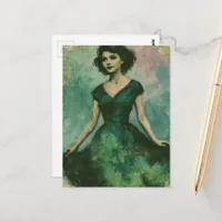 Beautiful Retro Woman in a Green Dress Postcard