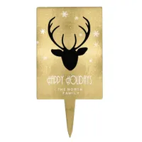 Deer Antlers Silhouette & Snowflakes Gold ID861 Cake Topper