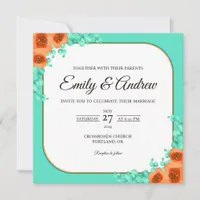Aqua Poppy Summer Floral Watercolor Square Wedding Invitation