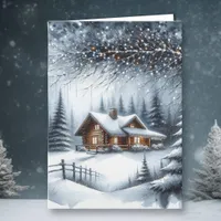 Festive Log Cabin in the Winter Woods Christmas Holiday Card