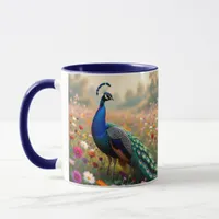 A Turquoise and Blue Peacock in Flowers  Mug