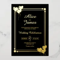Love Hearts Frame Elegant Black Gold Foil Wedding Invitation