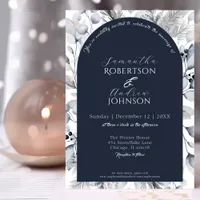 Elegant Winter Navy Blue Botanical Arch Wedding Invitation