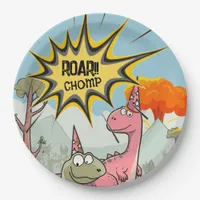 Roarsome Dino Birthday, Cute Cartoon Dino Paper Plates