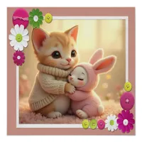 Adorable kitten and tiny baby bunny,  poster