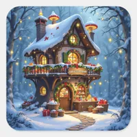 Whimsical Santa's Workshop Christmas Square Sticker