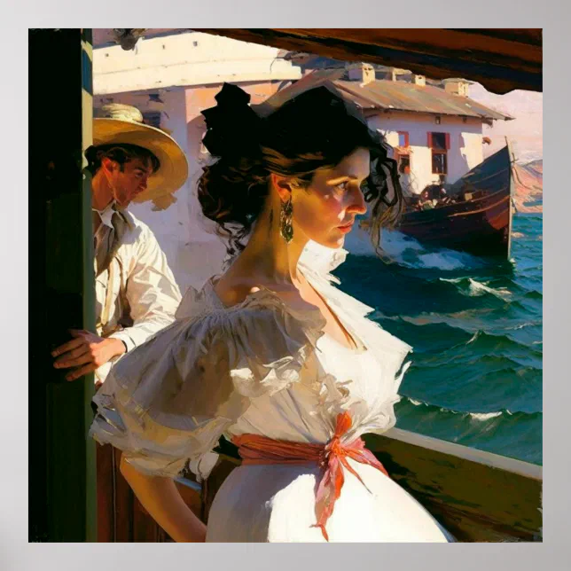 Woman Aboard a Ship Entering Port on a Sunny Day Poster