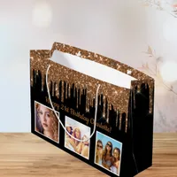 Birthday black gold custom photo glitter monogram large gift bag