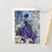 Vintage Woman Purple Dress Mixed Media Collage Postcard