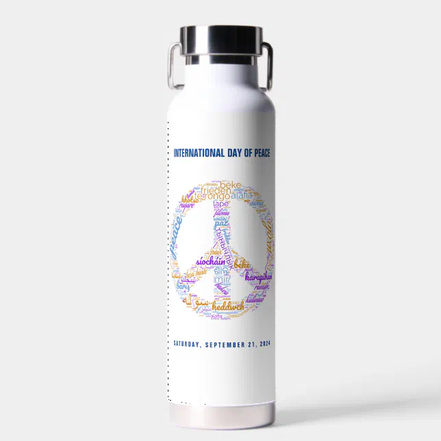 World Peace Day Peace Sign Word Cloud Water Bottle