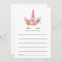 Pink Floral Unicorn Baby Shower Advice Card