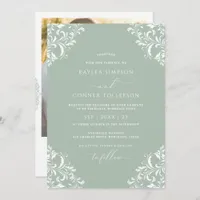 Vintage Light Sage Green Elegant Photo Wedding Invitation