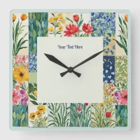 Floral Patchwork Botanical Garden Flowers Pretty Square Wall Clock