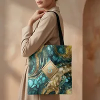 Teal Blue Gold Agate Geode Marble Monogram Name Tote Bag