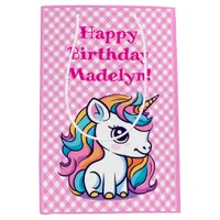 Cute Unicorn Pink Gingham Birthday Present Medium Gift Bag