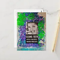 Vintage Woman Cleans teeth Blue Green Collage Postcard