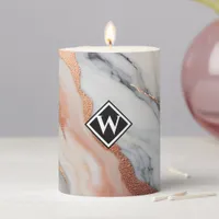 Elegant Rose Gold Black Marble Monogram Pillar Candle