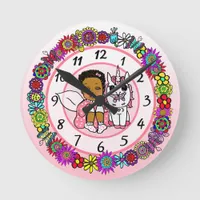 Unicorn and Fairy Whimsical Folk Art Girl's Round Clock