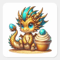 Cute Chibi Gold and Blue Dragon with Cupcake Square Sticker