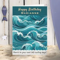 Ocean Waves Surfing Custom Name Happy Birthday Card