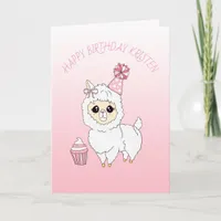 Cute Pink Llama Girl's Personalized Happy Birthday Card