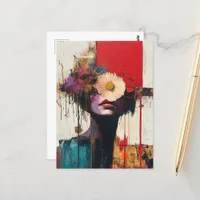 Colorful Abstract Face and Flowers Postcard