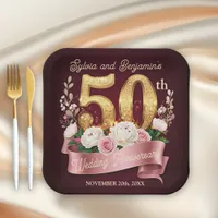 Pink White Floral Golden 50th Wedding Anniversary Paper Plates
