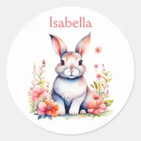 Personalized Bunny Rabbit in Pink Flowers Classic Round Sticker