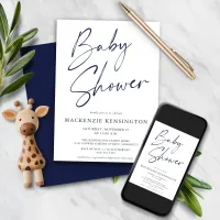 Modern Navy Blue Simple Script Baby Shower Invitation